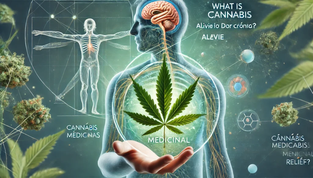 Banner informativo destacando os benefícios da cannabis medicinal no alívio da dor crônica, com elementos gráficos representando a planta e o sistema endocanabinoide.